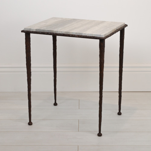 Giacometti Style Textured Wrought Iron 'Taper Leg' Side Table With Brown Bronze Painted Finish And Marble Top (T7070)