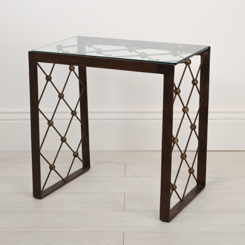 Wrought Iron Net Side Table With Brown Bronze Finish And Glass Top (T7071)