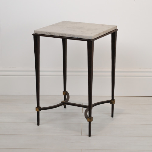 Wrought Iron 'Tapered Leg' Side Table With Marble Top In Brown Bronze, Gold Leaf Highlight Finish (T7076)