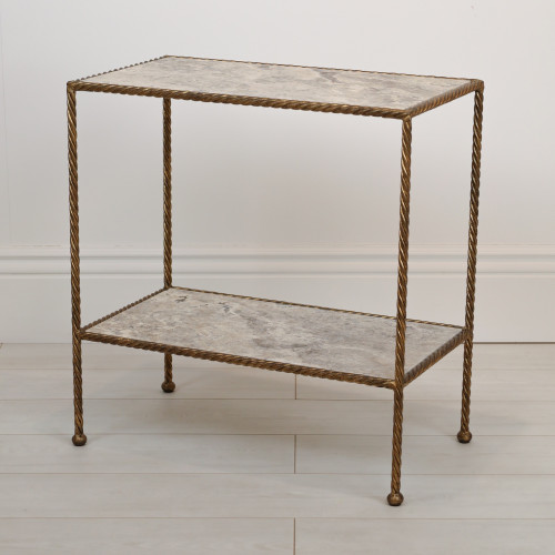 Two Tier Wrought Iron Rope Twist Side Table With Distressed Gold Leaf Finish And Stone Top (T7079)