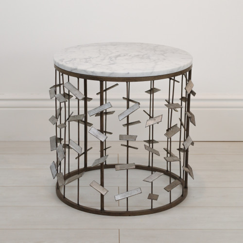 Single Wrought Iron 'Confetti' Side Table In Brown Bronze With Distressed Silver Leaf Highlights And Marble Top (T7080)