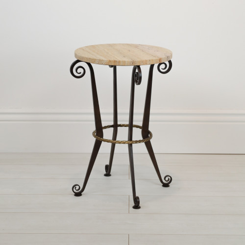 Wrought Iron 'Curly' Side Table With Brown Bronze Paint Finish, Distressed Gold Highlights And Marble Top (T7086)