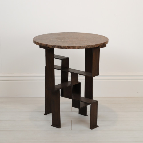 Wrought Iron 'Geometric' Side Table With Brown Bronze Finish And Marble Top (T7093)