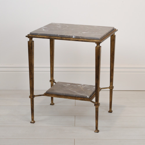 Two Tier Wrought Iron 'Charles' Side Table With Distressed Gold Finish And Marble Top (T7095)