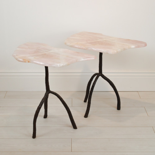 Pair Of Rose Quartz Tables With Textured Wrought Iron Tripod Base With Brown Bronze Finish (T7096)