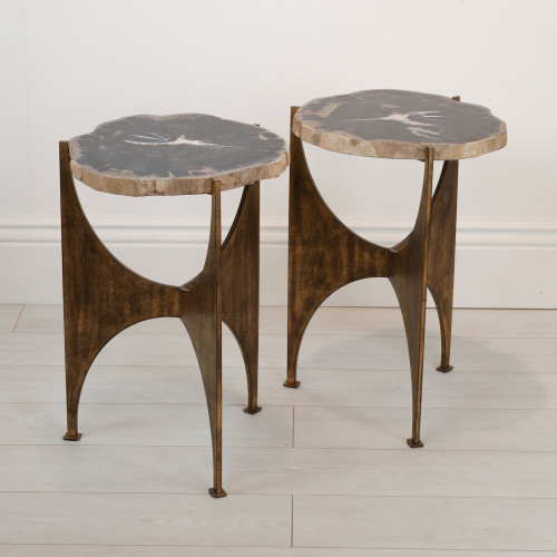 Pair of Distressed Gold Leaf Side Tables with Black Fossilised Wood Tops (T7098)