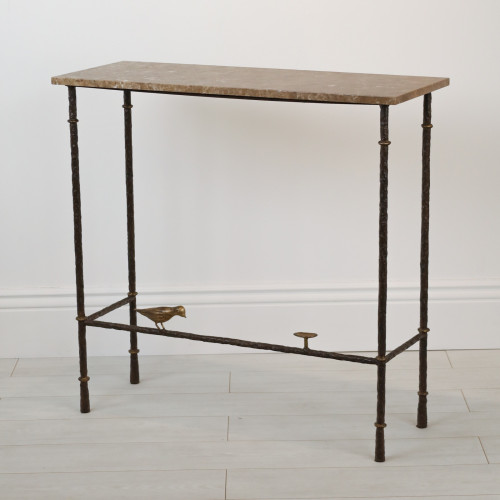 Giacometti Style Small Wrought Iron 'bird & Bowl' Console Table In Brown Bronze, Gold Leaf Highlight Finish With Brown Marble Top (T7103)