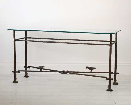 Large Wrought Iron 'bird & Bowl' Console Table In Brown Bronze, Gold Leaf Highlight Finish With Bronze Glass Top