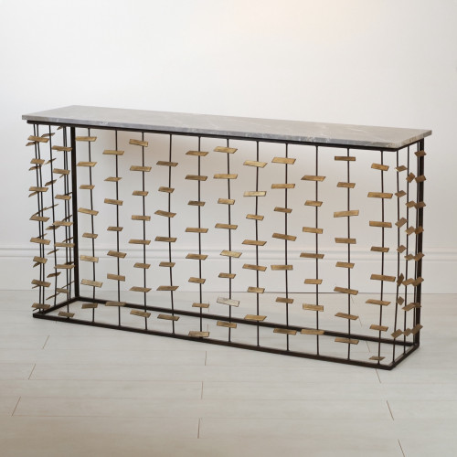 Wrought Iron 'Confetti' Console Table In Brown Bronze With Gold Leaf Highlights And Marble Top. (T7105)