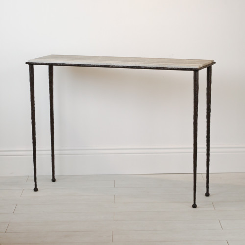 Giacometti Style Textured Wrought Iron 'Taper Leg' Console Table With Brown Bronze Painted Finish And Marble Top (T7106)