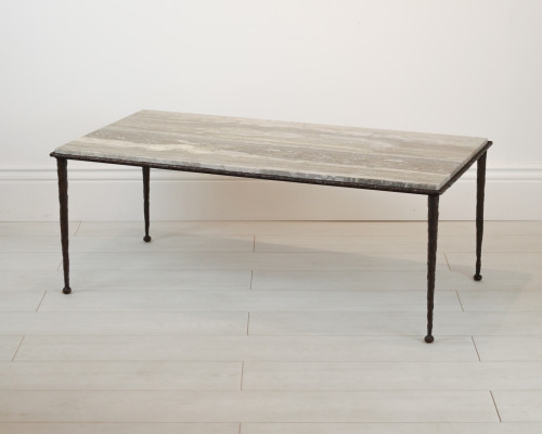Giacometti Style Wrought Iron 'Taper Leg' Coffee Table In Brown Bronze Finish With Marble Top
