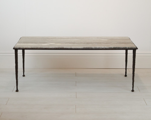 Giacometti Style Wrought Iron 'Taper Leg' Coffee Table In Brown Bronze Finish With Marble Top