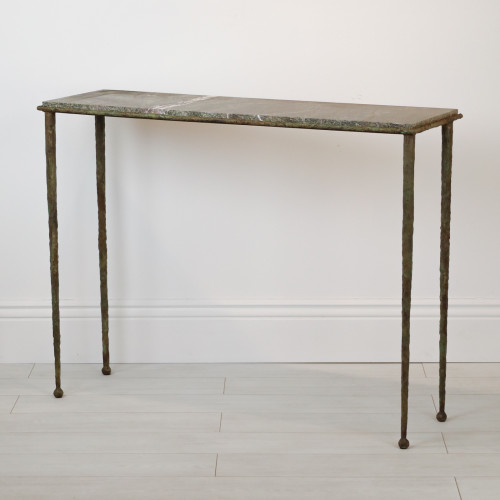 Giacometti Style Wrought Iron 'Taper Leg' Console Table In Verdigris Finish With Marble Top (T7112)