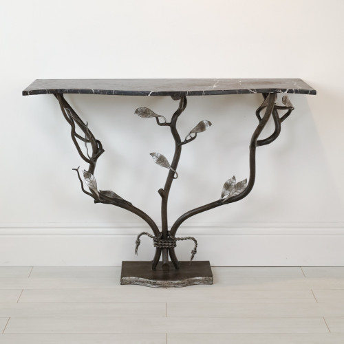 Wrought Iron 'Leaf' Console Table In Grey With Distressed Silver Leaf Highlight Finish And Shaped Marble Top