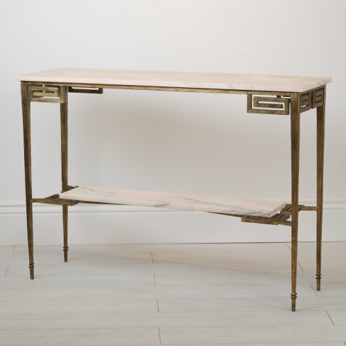 Wrought Iron 'Greek Key' Console Table In Distressed Gold Leaf Finish With Marble Top