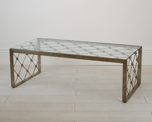 Wrought Iron 'Net' Coffee Table In Distressed Silver Leaf Finish With Glass Top