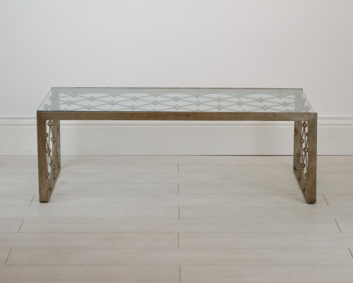 Wrought Iron 'Net' Coffee Table In Distressed Silver Leaf Finish With Glass Top