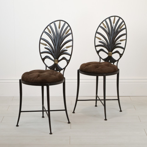 Pair Of Wrought Iron 1960's French 'Wheat' Chairs In Brown Bronze Finish With Distressed Gold Highlights And Marble Top