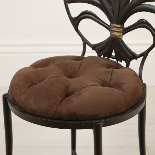 Pair Of Wrought Iron 1960's French 'Wheat' Chairs In Brown Bronze Finish With Distressed Gold Highlights And Marble Top