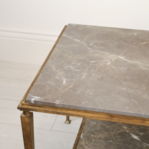 Two Tier Wrought Iron 'Charles' Coffee Table With Distressed Gold Finish And Marble Top