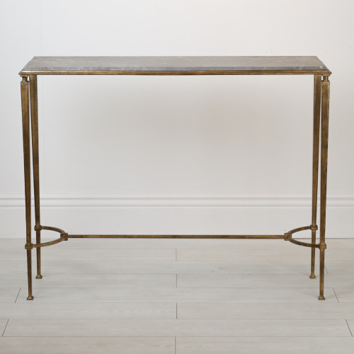 Two Tier Wrought Iron 'Charles' Console Table With Distressed Gold Finish And Marble Top