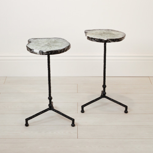 Pair of Small Wrought Iron 'Martini' Side Tables In Black Painted Finish With Agate Slice Top (T7136)