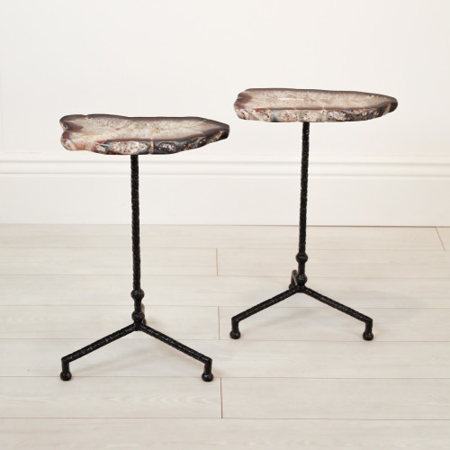 Pair of Small Wrought Iron 'Martini' Side Tables In Black Painted Finish With Agate Slice Top (T7137)