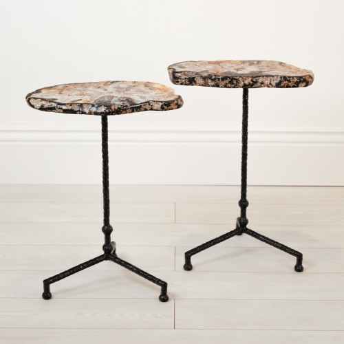 Pair of Small Wrought Iron 'Martini' Side Tables In Black Painted Finish With Agate Slice Top (T7138)