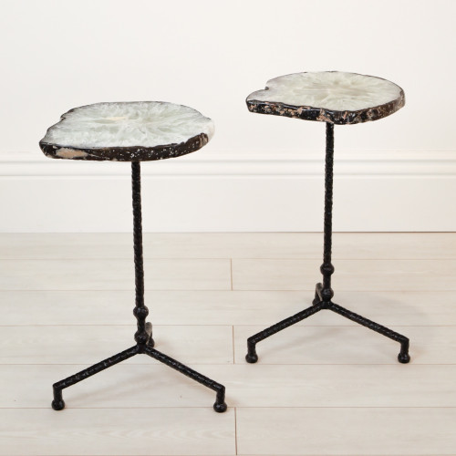 Pair of Small Wrought Iron 'Martini' Side Tables In Black Painted Finish With Agate Slice Top (T7139)