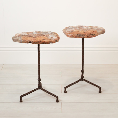 Pair of Small Wrought Iron 'Martini' Side Tables In Brown Painted Finish With Agate Slice Top (T7141)