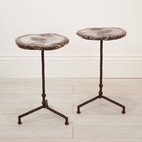 Pair of Small Wrought Iron 'Martini' Side Tables In Brown Painted Finish With Agate Slice Top (T7144)