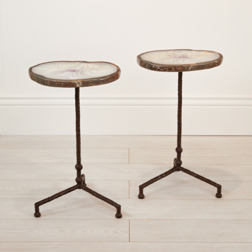 Pair of Small Wrought Iron 'Martini' Side Tables In Brown Painted Finish With Agate Slice Top (T7146)