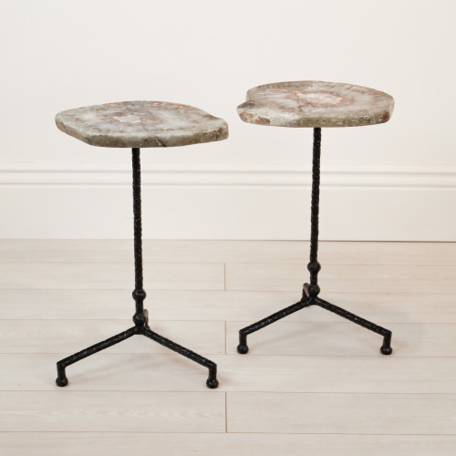 Pair of Small Wrought Iron 'Martini' Side Tables In Black Painted Finish With Agate Slice Top (T7148)