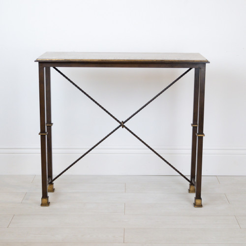 Small Wrought Iron 'Simple Console' In Brown Bronze Painted Finish With Distressed Gold Highlights And Marble Top