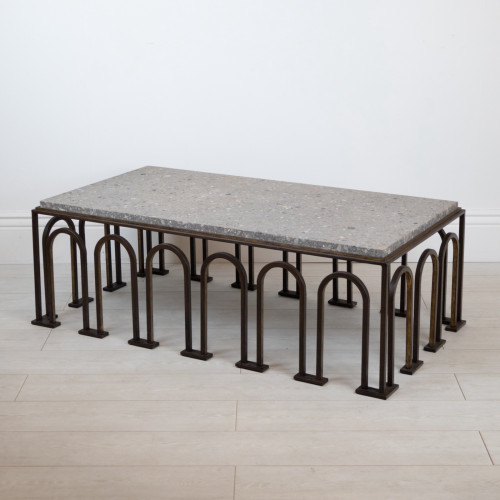 Wrought Iron 'Arch' Coffee Table In Painted Brown Bronze Finish With Distressed Gold Highlights And Marble Top