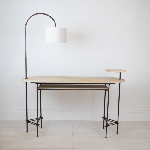 Textured Wrought Iron 'Alby' Desk In Brown Bronze Painted Finish With Leather Top, Swivelling Lamp And Stand