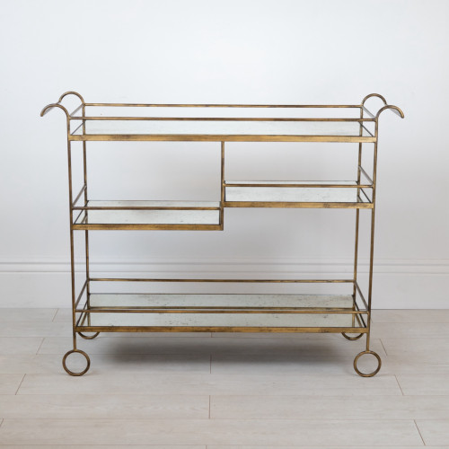 Wrought Iron Drinks Trolley In Distressed Gold Finish With Inset Mirror Tops