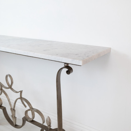 Wrought Iron 1940's Style Console Table In Grey Painted Finish With Distressed Silver Highlights And Marble Top