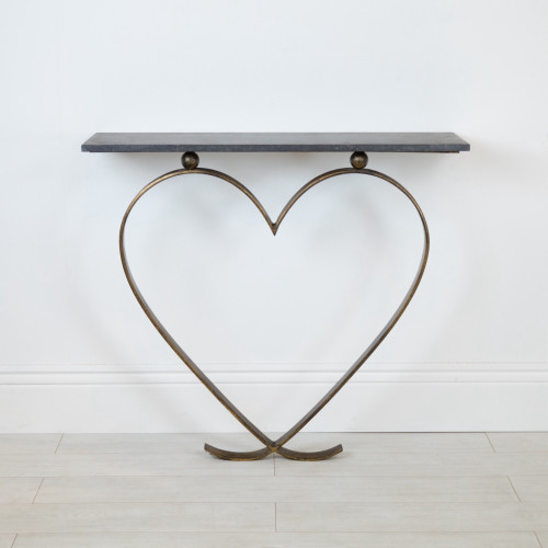 Wrought Iron 'love Heart' Console Table In Distressed Gold Finish And Marble Top