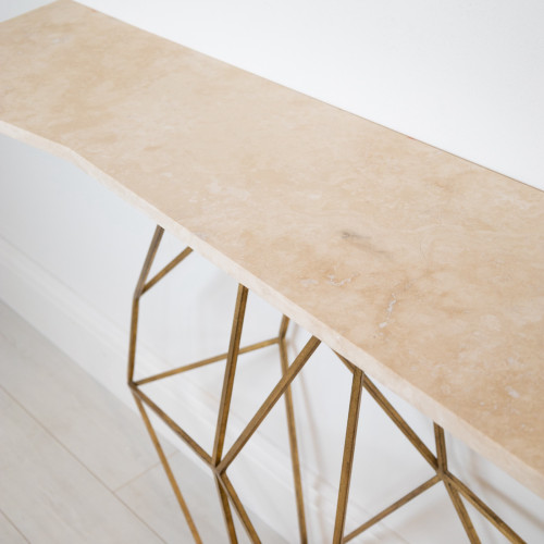 Wrought Iron 'Abstract' Console Table In Distressed Gold Finish With Shaped Marble Top