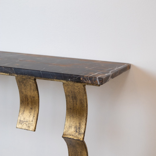 Wrought Iron 'Scroll' Console Table In Distressed Gold Finish With Marble Top