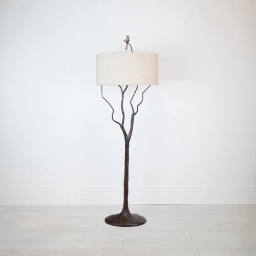 Cast Metal Single Bird Tree Floor Lamp In Brown Bronze Painted Finish With Distressed Gold Leaf Highlights And Special Order Shade (T7562)