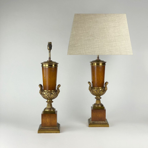 Pair Of Large Brown Wood Classical Urn And Gilded Metal Lamps