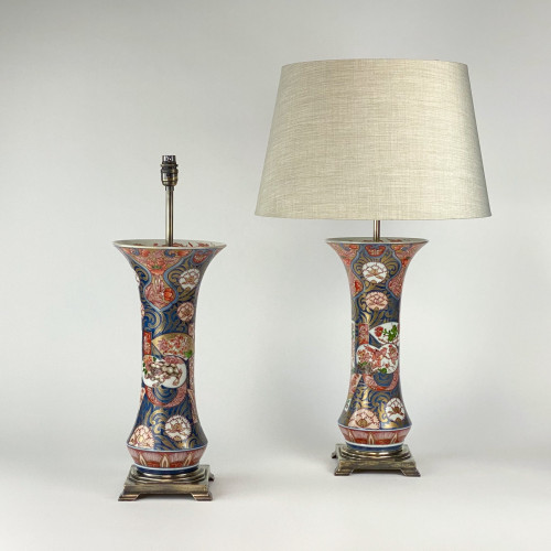 Pair Of Medium Antique Blue Ceramic Imari Vase Lamps On Antique Brass Bases