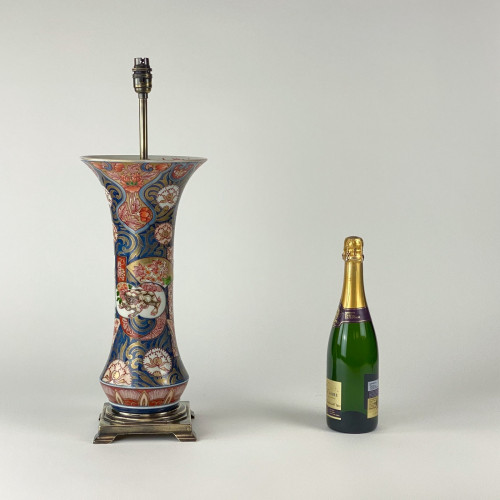 Pair Of Medium Antique Blue Ceramic Imari Vase Lamps On Antique Brass Bases