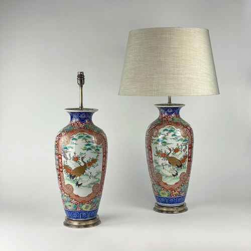 Pair Of Large Antique Red Ceramic Imari Lamps On Antique Brass Bases