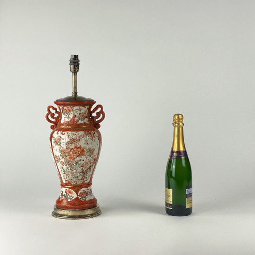 Pair Of Small Antique C1860 Kutani Ceramic Vase Lamps On Antique Brass Bases