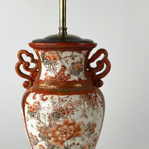 Pair Of Small Antique C1860 Kutani Ceramic Vase Lamps On Antique Brass Bases
