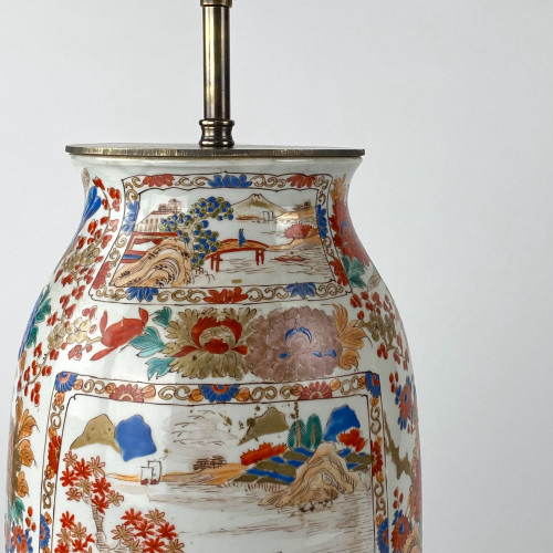 Pair Of Medium Antique C1860 Red Ceramic Imari Baluster Lamps On Antique Brass Bases