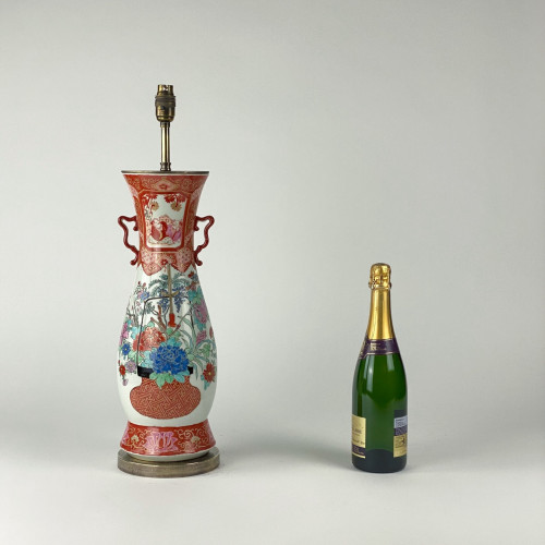 Pair Of Medium Antique C1860 Orange Ceramic Tall Imari Lamps On Antique Brass Bases